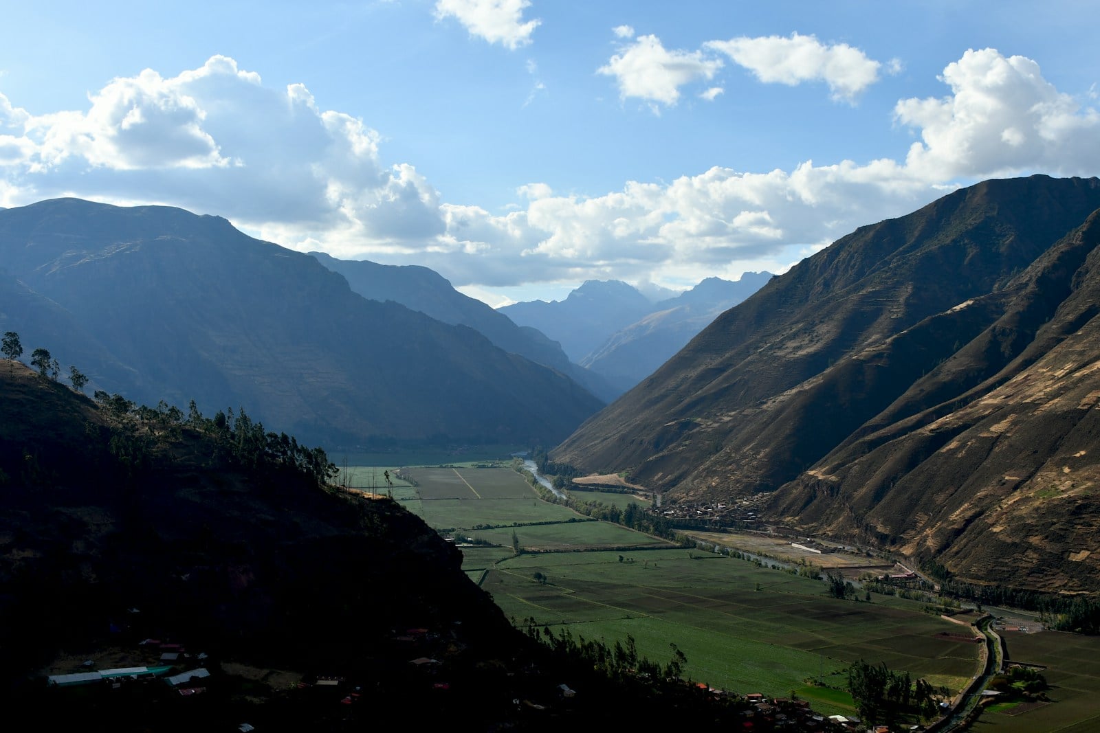The Urubamba River winding through fields in the Sacred Valley
